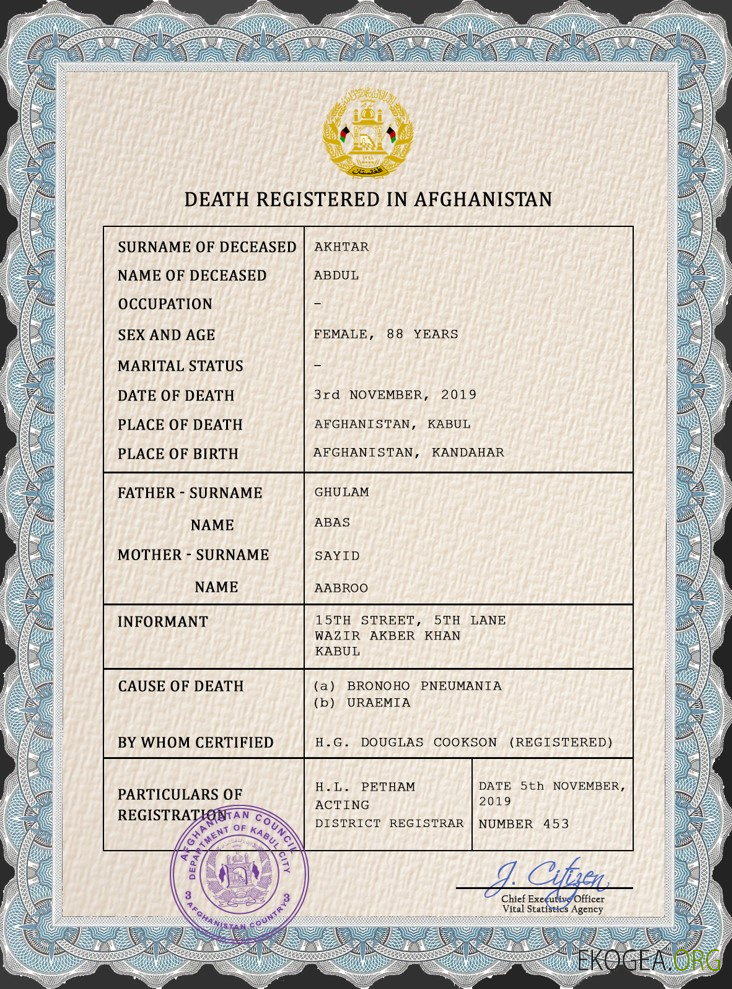 Afghanistan acte d'état civil certificat de décès PSD